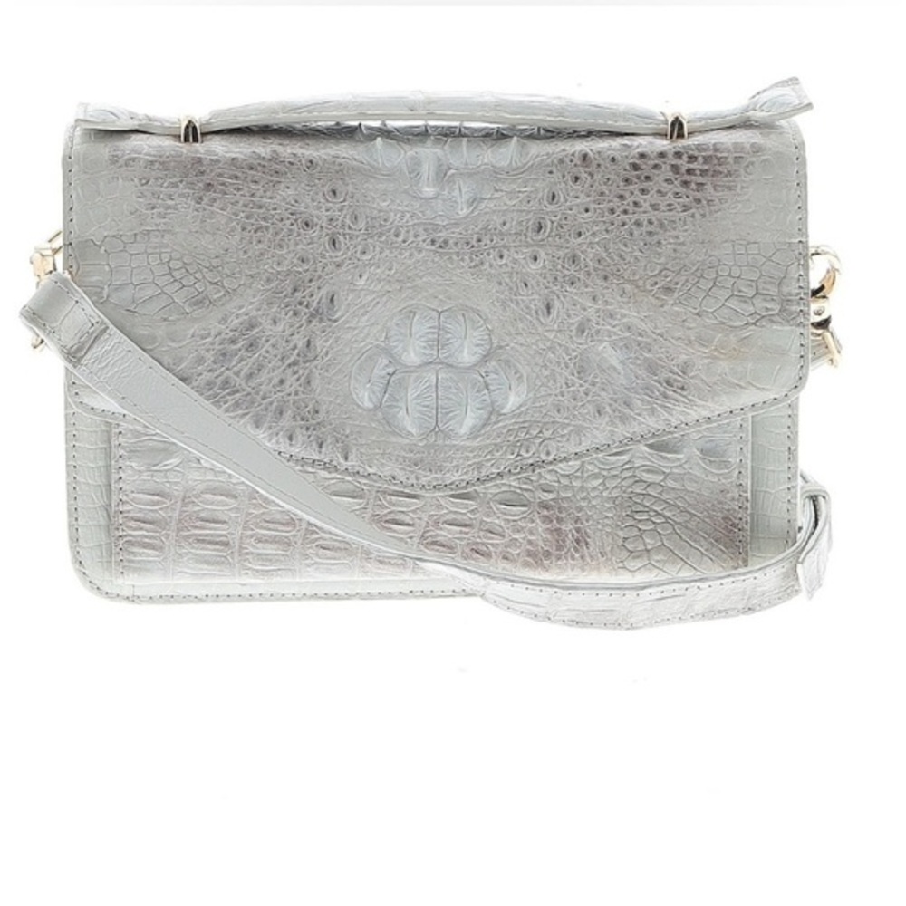 Grand Pelle Crocodile Embossed Leather White Flap Purse with Crossbody Strap